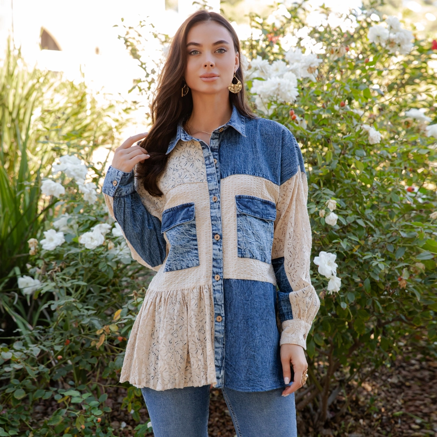 Young Threads, Mixed Media Spliced Denim Shirt with Seersucker & Lace - Image 2