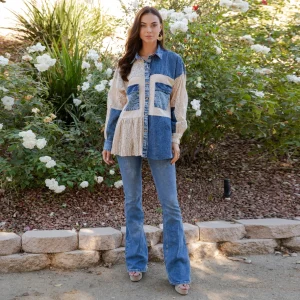 Young Threads, Mixed Media Spliced Denim Shirt with Seersucker & Lace