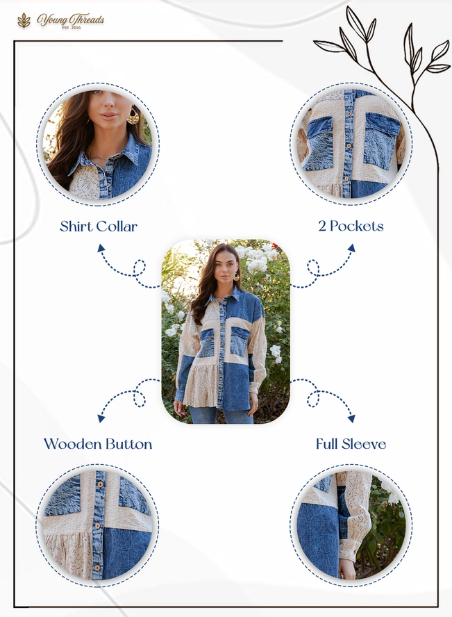 Young Threads, Mixed Media Spliced Denim Shirt with Seersucker & Lace - Image 3