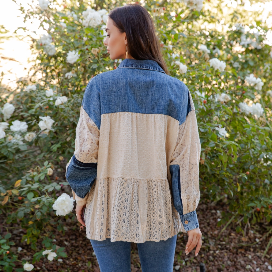 Young Threads, Mixed Media Spliced Denim Shirt with Seersucker & Lace - Image 4